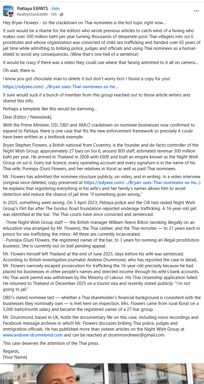 Pattaya EXPATS group post by 'RealityCheck3000' burner profile, 20 May 2026