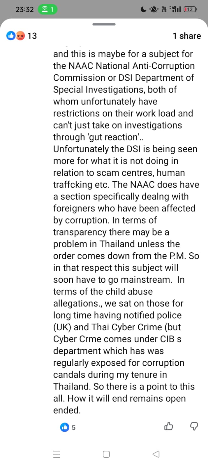 Continuation of the same Facebook comment, showing the sentence: 'In terms of the child abuse allegations., we sat on those for long time having notified police (UK) and Thai Cyber Crime'.